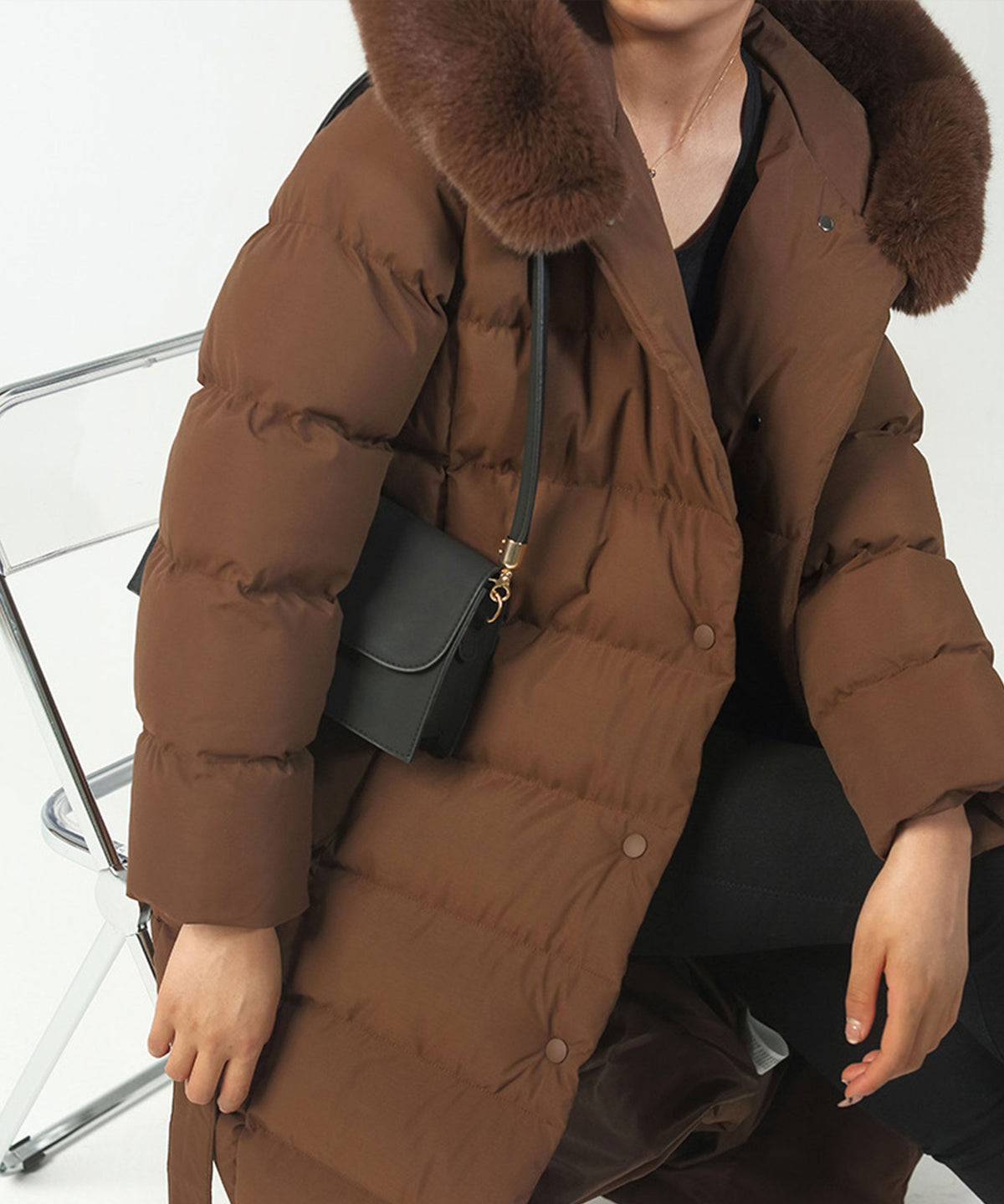Women's Dark Brown Parka Winter Jacket with Faux Fur and Tie Belt