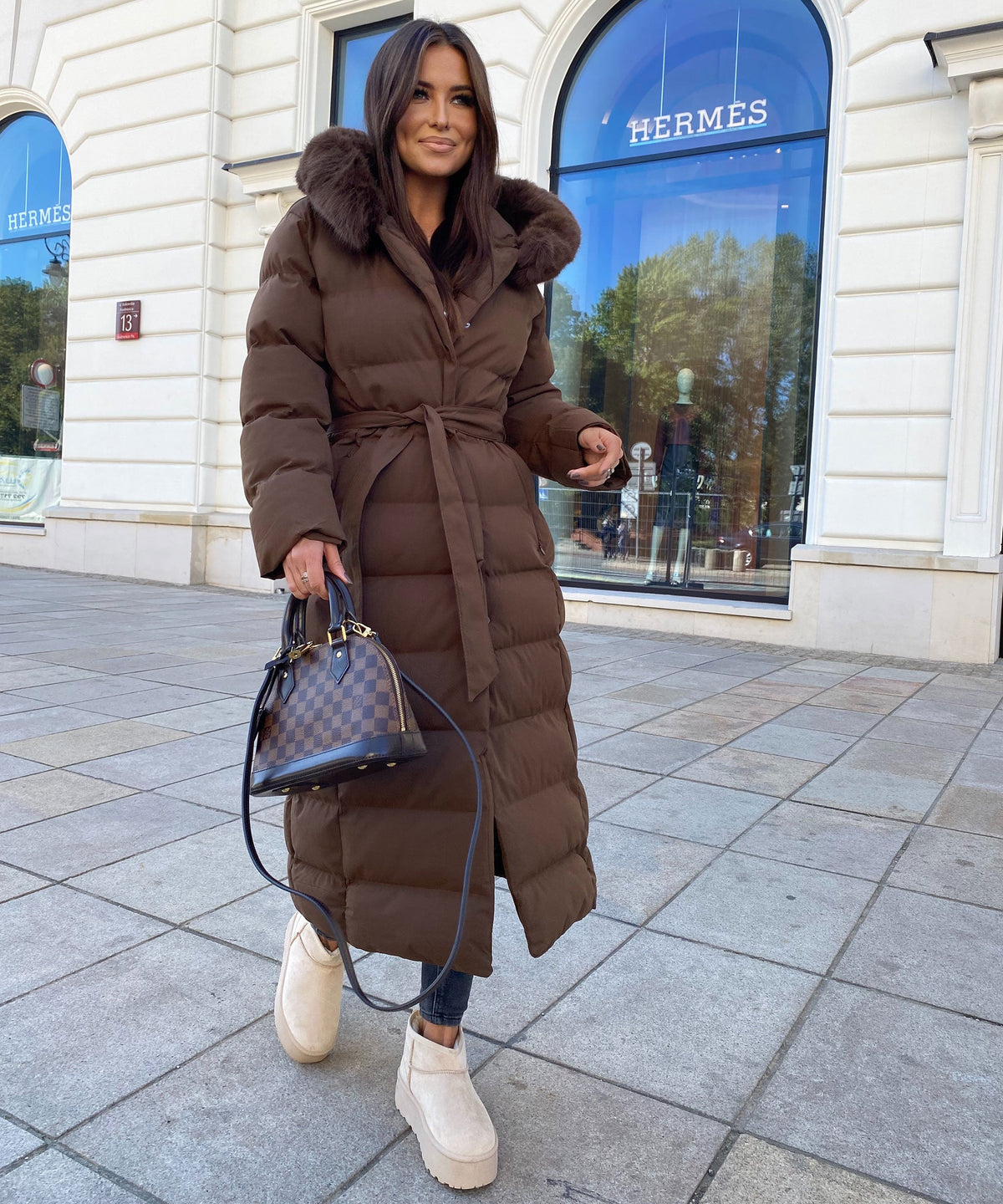 Women's Dark Brown Parka Winter Jacket with Faux Fur and Tie Belt