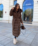 Women's Dark Brown Parka Winter Jacket with Faux Fur and Tie Belt