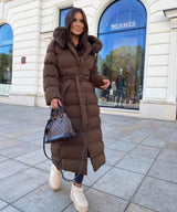 Women's Dark Brown Parka Winter Jacket with Faux Fur and Tie Belt