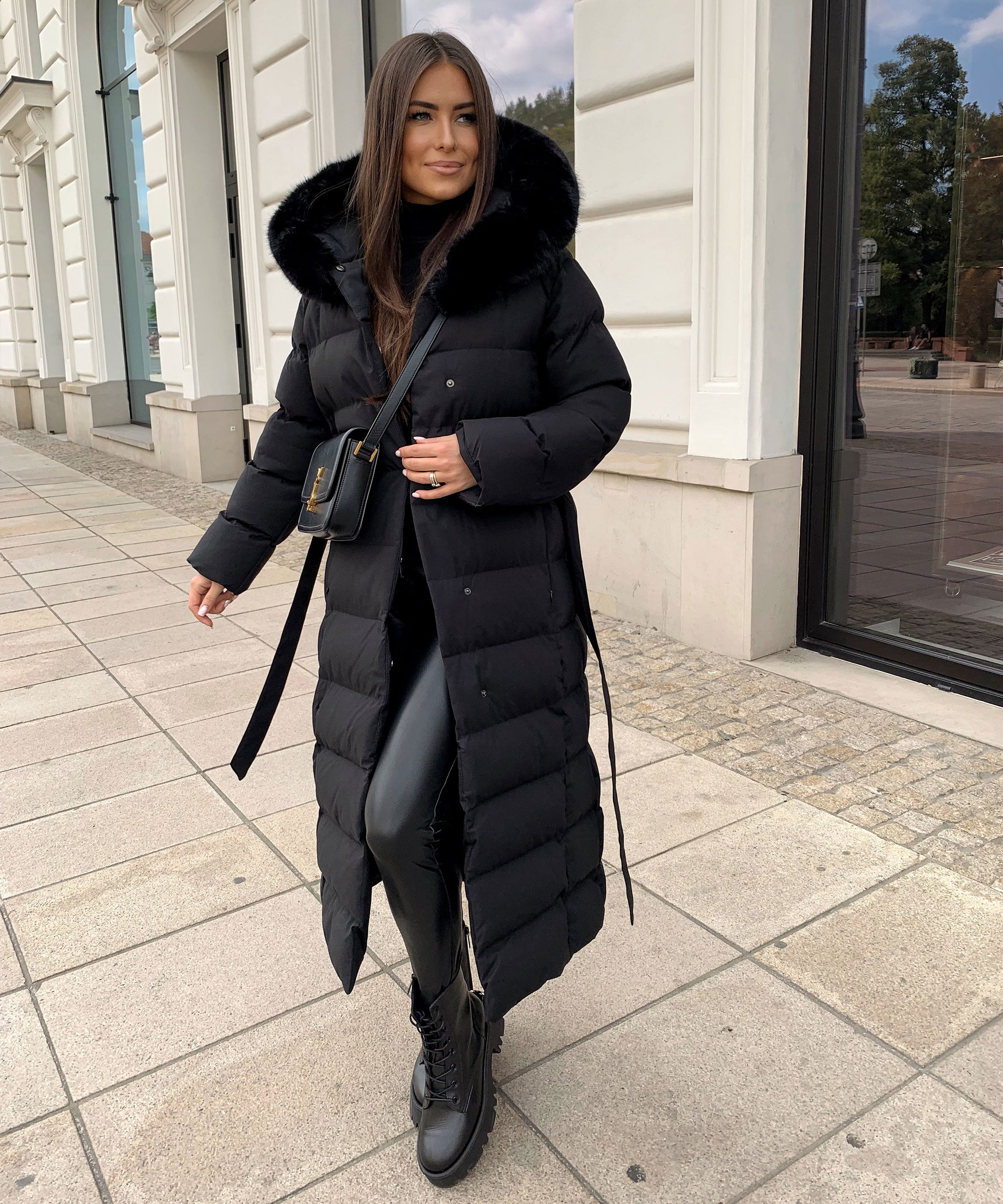 Women's Black Parka Winter Jacket with Faux Fur and Tie Belt