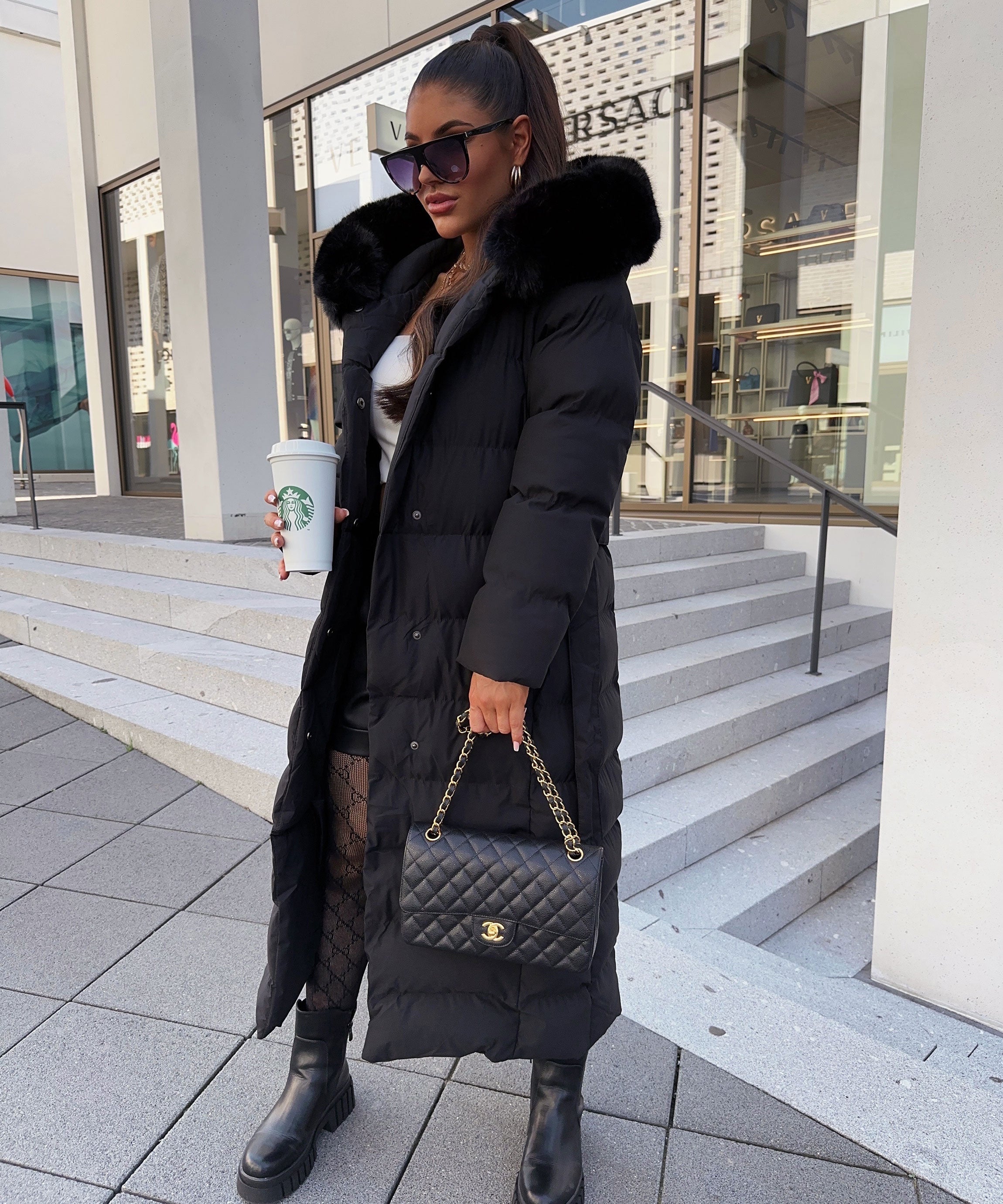 Women's Black Parka Winter Jacket with Faux Fur and Tie Belt