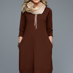 Women Midi Dress with Round Neck and Pockets