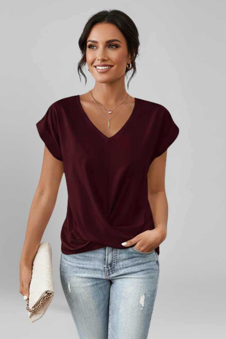 Blouse with V Neckline and Short Sleeves