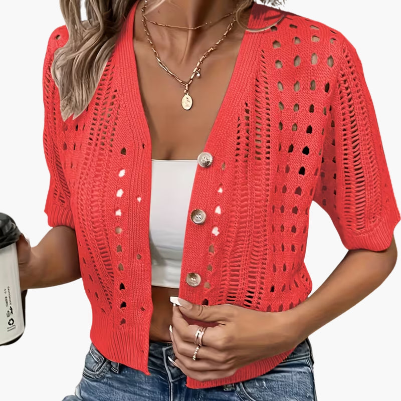 Cardigan with Hollow Knit and Short Sleeves