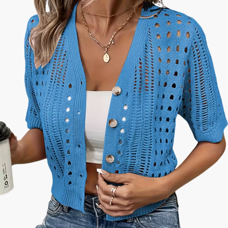 Cardigan with Hollow Knit and Short Sleeves