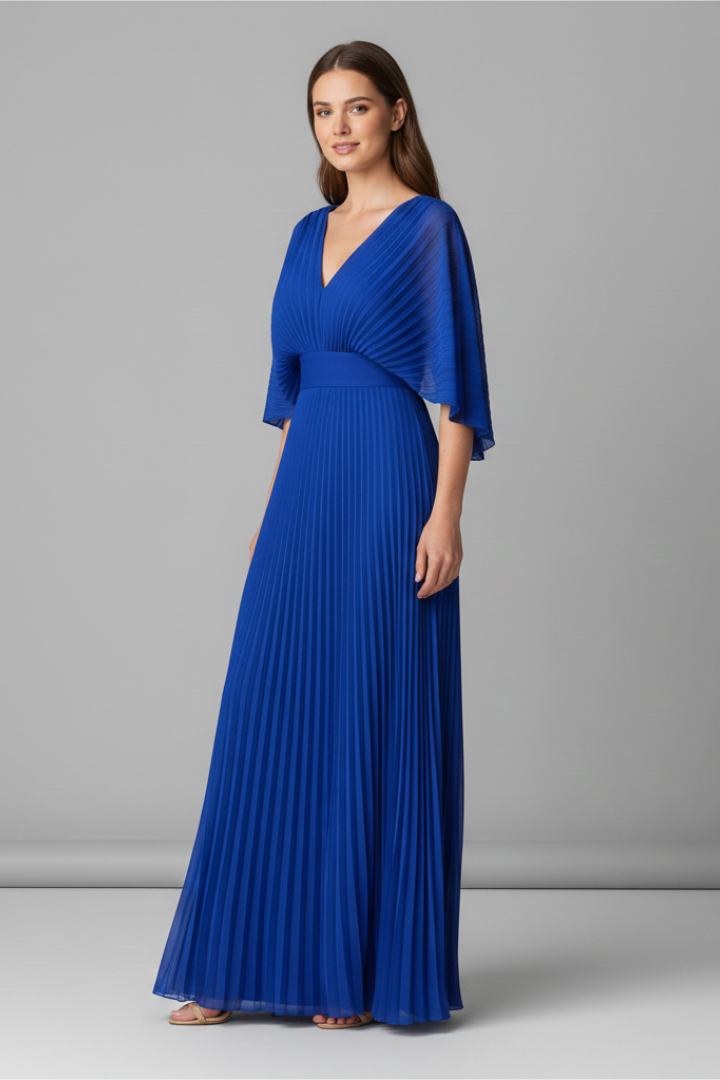 Women’s Dress with V-Neckline and Pleated Maxi Skirt