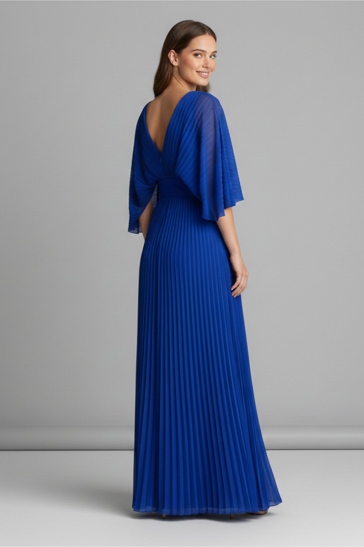 Dress with V-Neckline and Pleated Maxi Skirt
