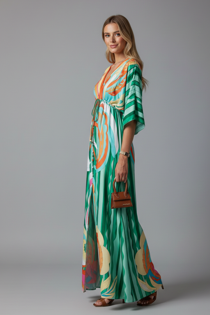 Maxi Dress with V Neckline and Tie Waist