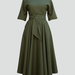 Women’s Midi Dress with Off-Shoulder Neckline and Lantern Sleeves