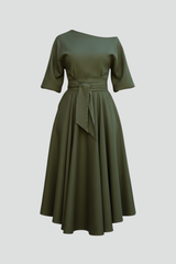 Women’s Midi Dress with Off-Shoulder Neckline and Lantern Sleeves