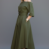 Women’s Midi Dress with Off-Shoulder Neckline and Lantern Sleeves