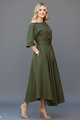 Women’s Midi Dress with Off-Shoulder Neckline and Lantern Sleeves