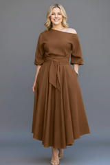 Women’s Midi Dress with Off-Shoulder Neckline and Lantern Sleeves