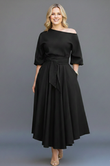 Women’s Midi Dress with Off-Shoulder Neckline and Lantern Sleeves