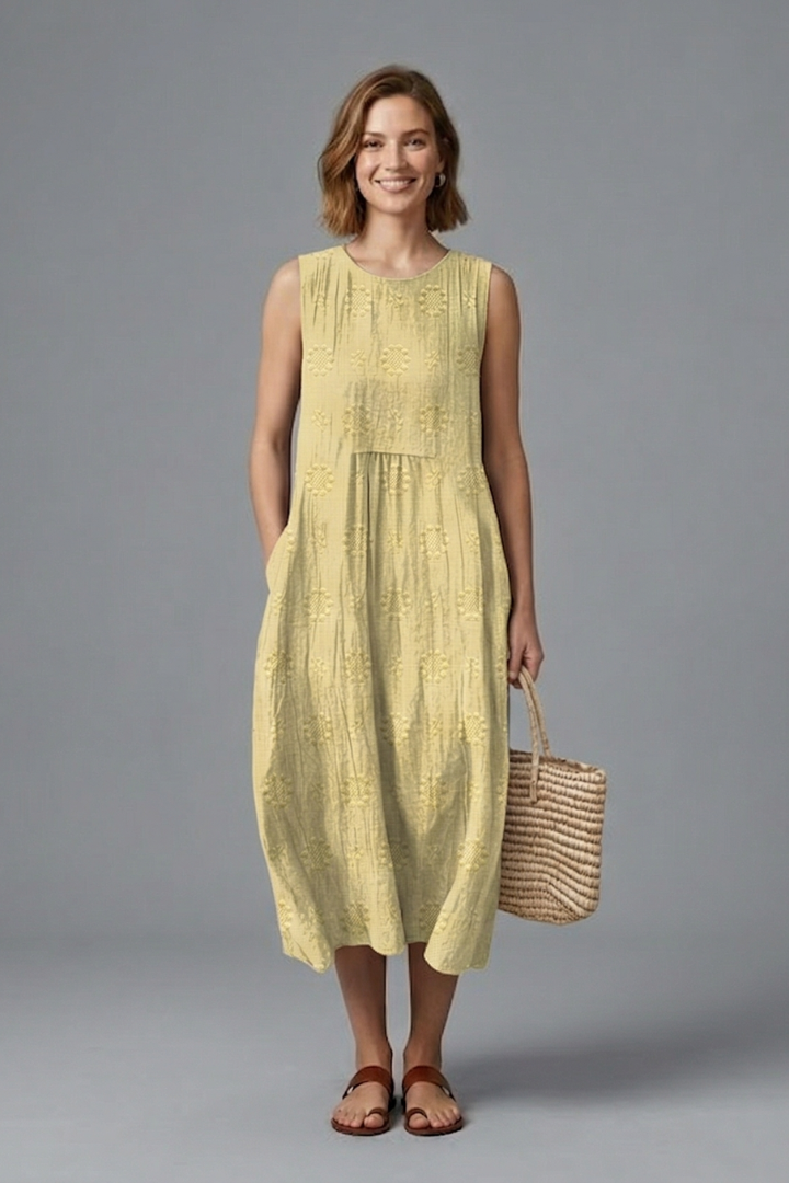 Midi Dress with Round Neck and Sleeveless Design