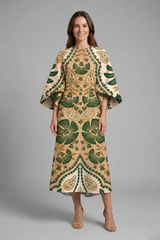 Midi Dress with Round Neck and Wide Sleeves