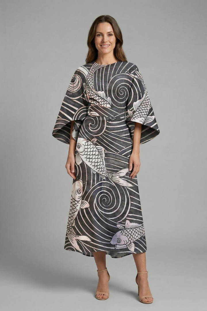 Midi Dress with Round Neck and Wide Sleeves