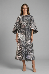 Midi Dress with Round Neck and Wide Sleeves