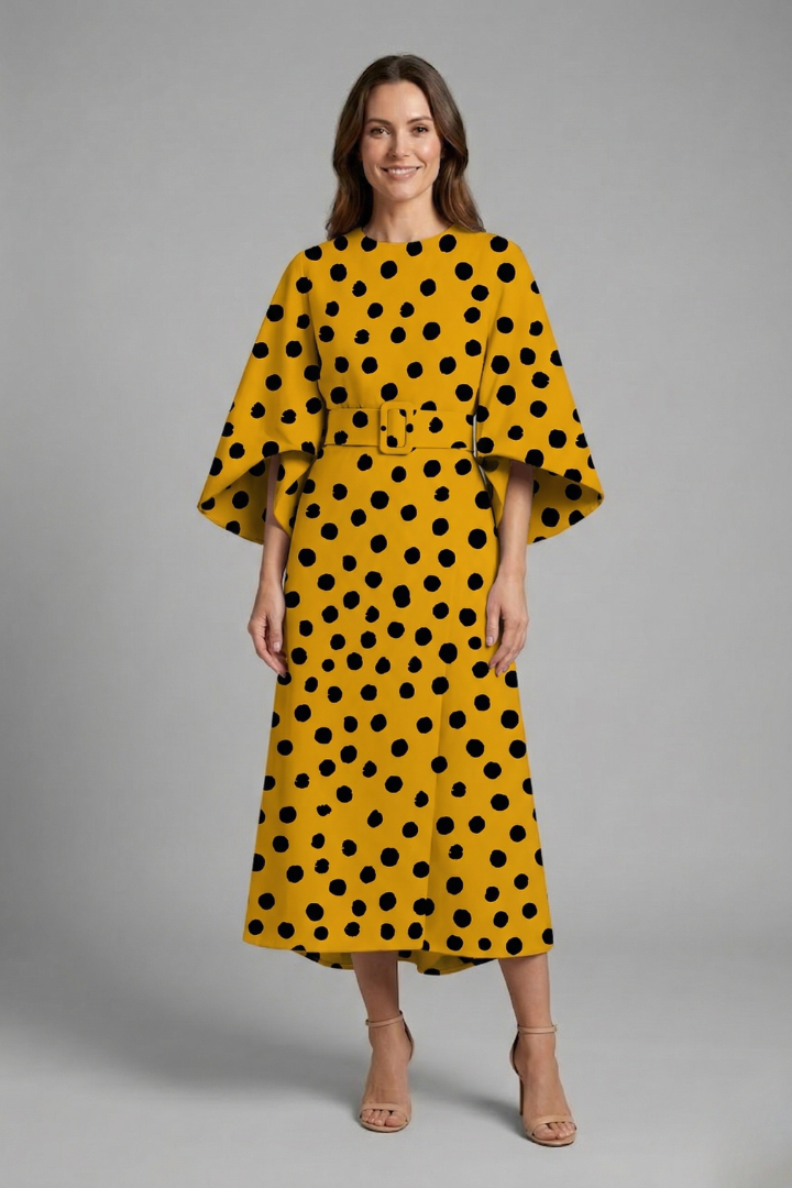 Midi Dress with Round Neck and Wide Sleeves