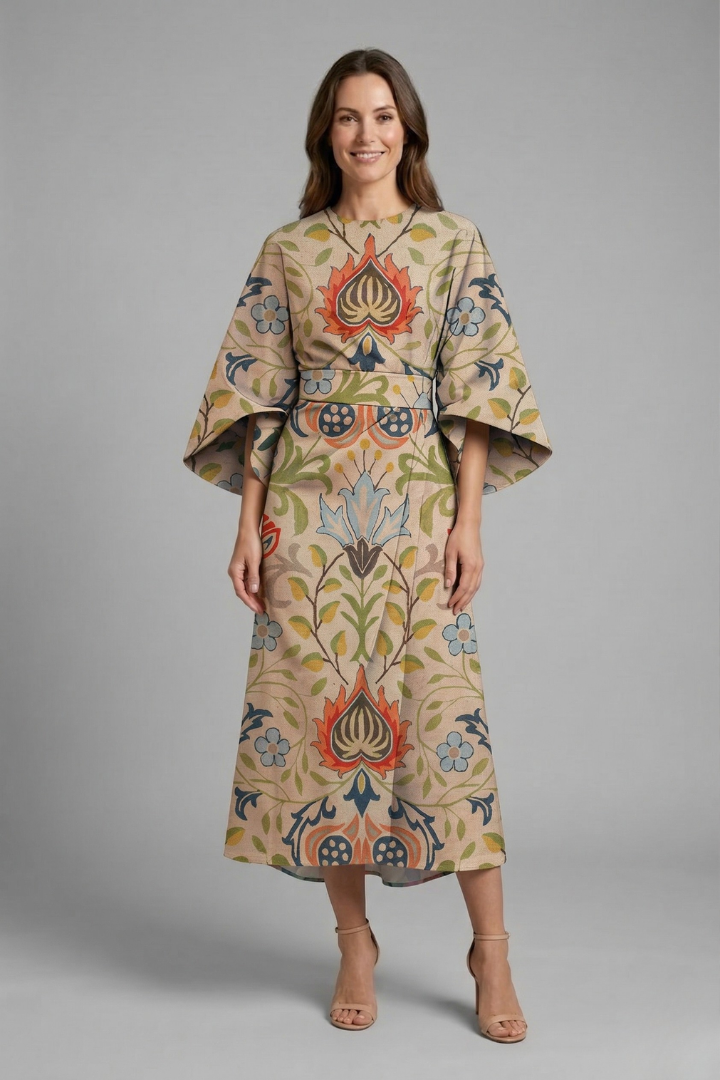 Midi Dress with Round Neck and Wide Sleeves