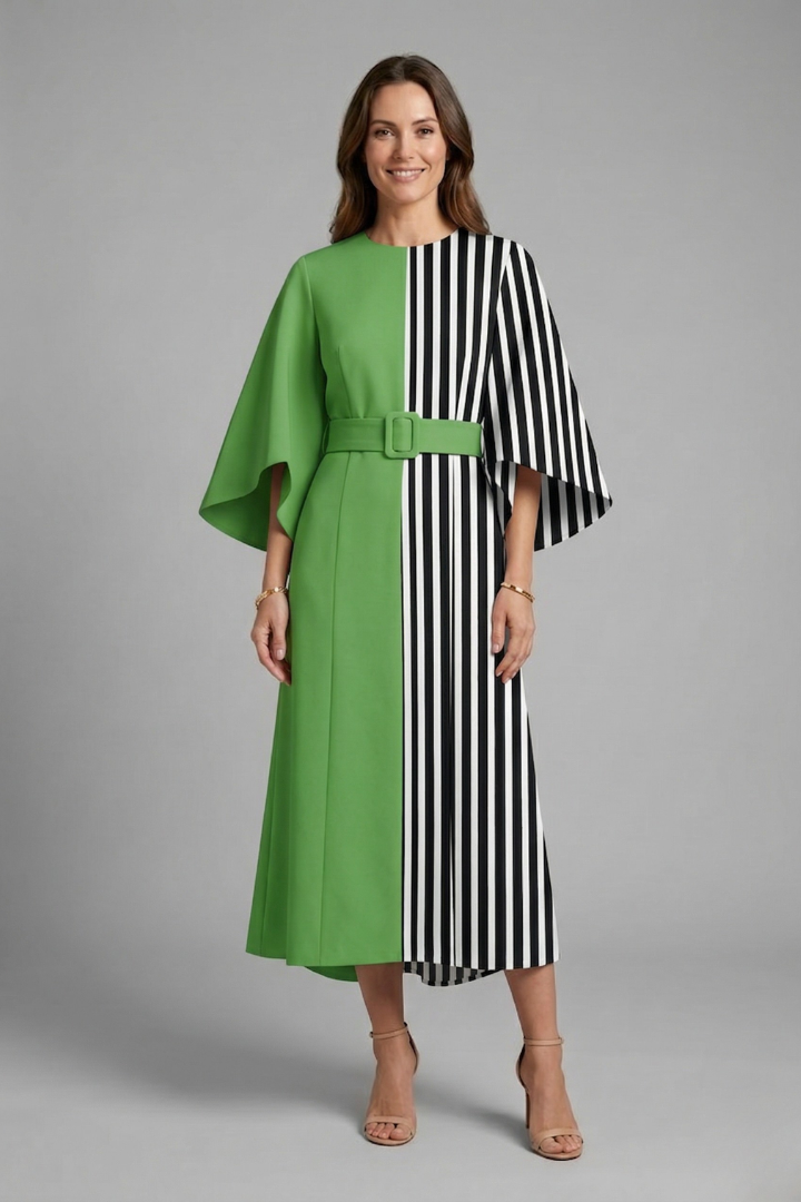 Midi Dress with Round Neck and Wide Sleeves