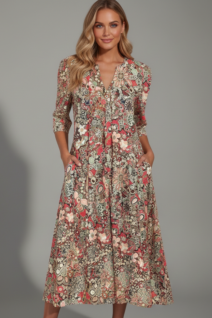 Women’s Midi Dress with V-Neck and Three-Quarter Sleeves