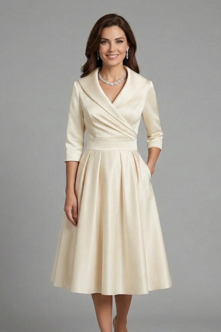 Midi Dress with V-Neck and Pleated Waist
