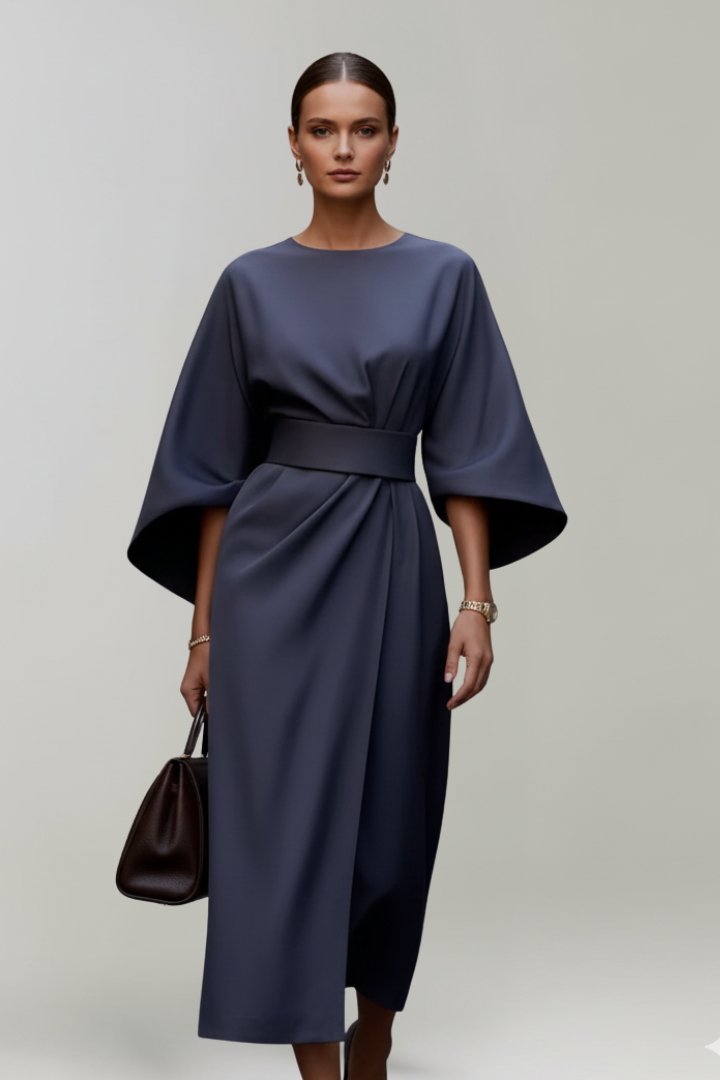 Women’s Midi Dress with Wide Sleeves and Belted Waist