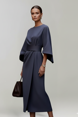 Midi Dress with Wide Sleeves and Belted Waist