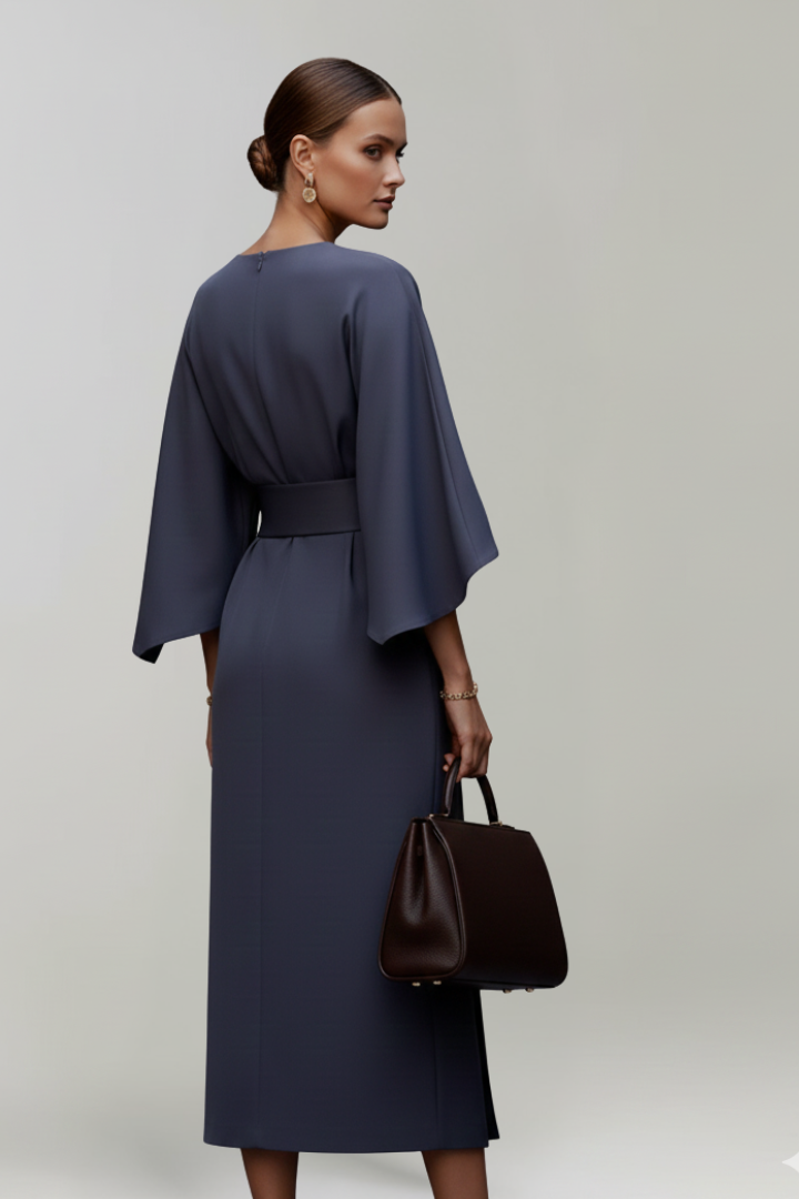 Midi Dress with Wide Sleeves and Belted Waist