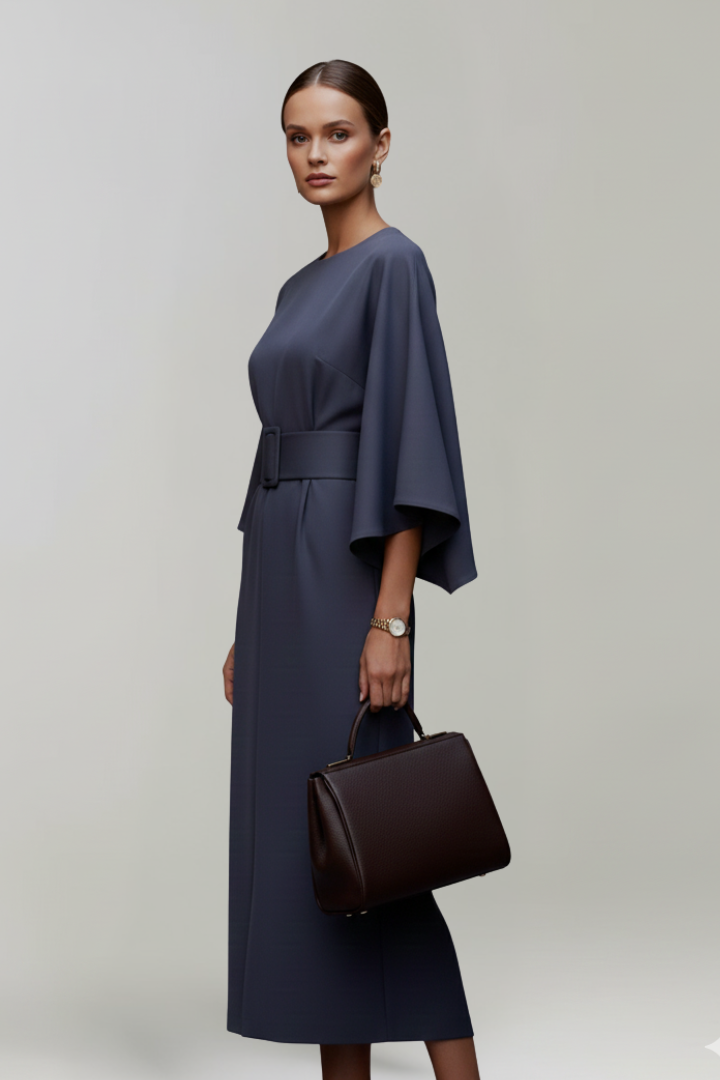 Midi Dress with Wide Sleeves and Belted Waist