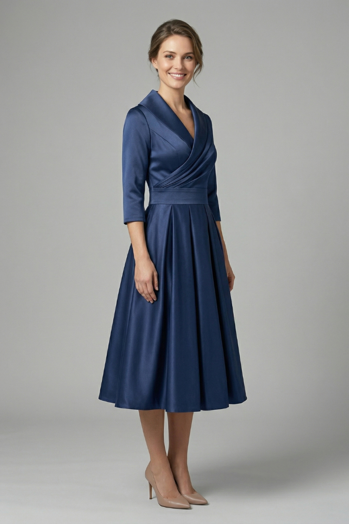 Midi Dress with Wrap Neck and Pleated Skirt