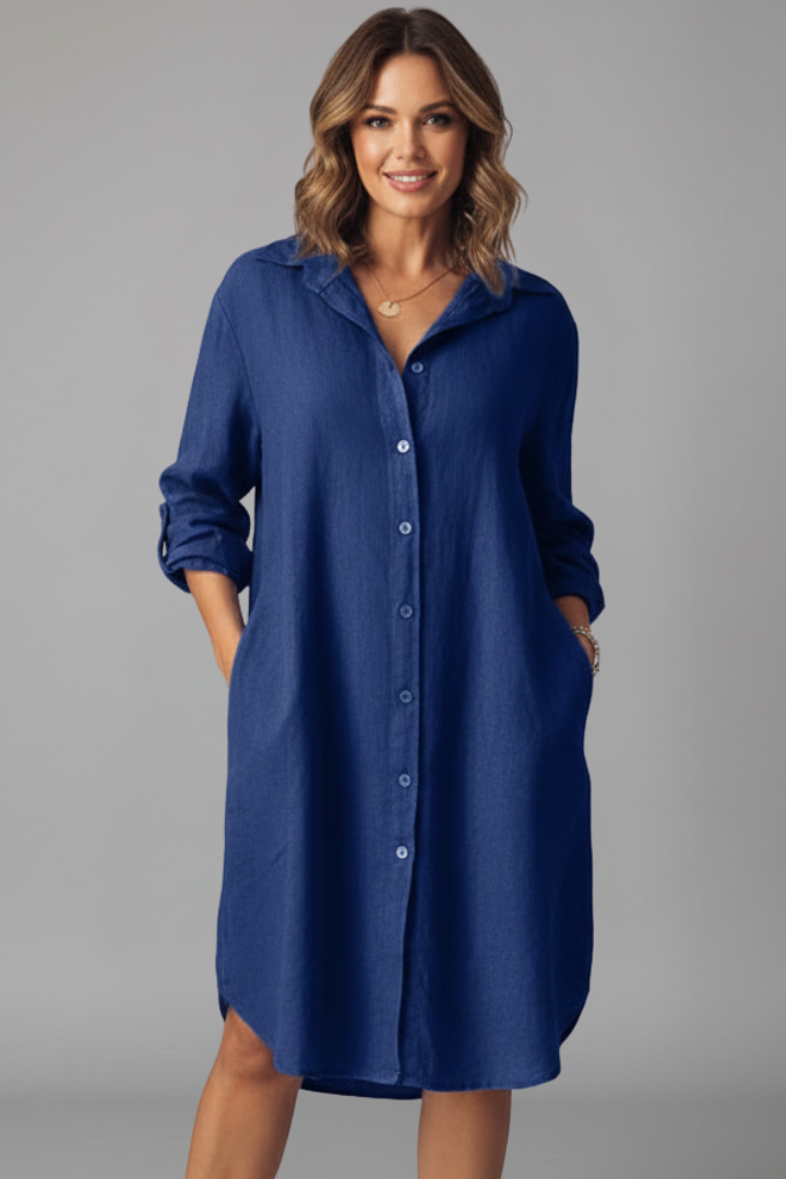 Shirt Dress with Turned Collar and Button Closure