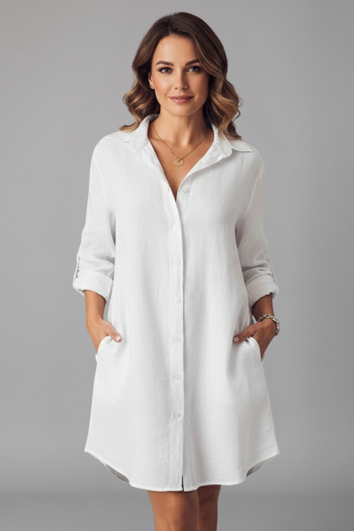 Shirt Dress with Turned Collar and Button Closure