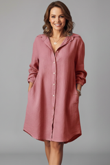 Shirt Dress with Turned Collar and Button Closure