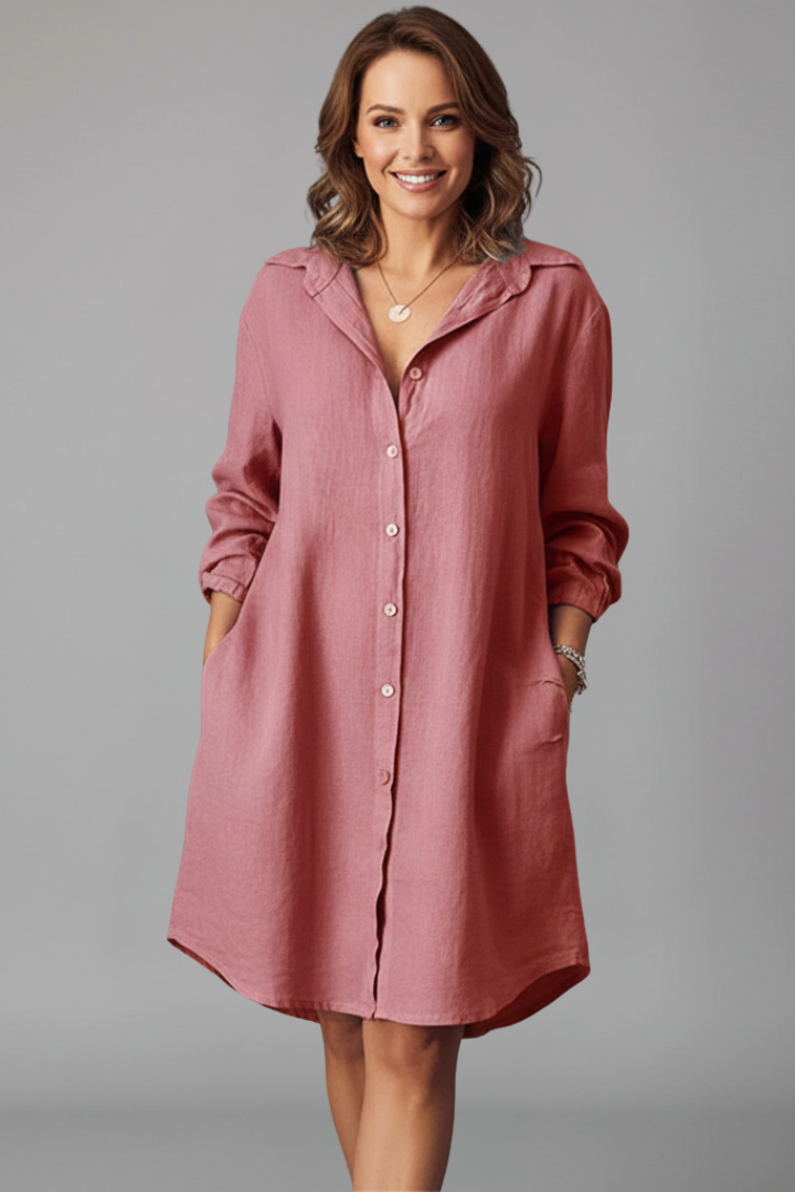 Shirt Dress with Turned Collar and Button Closure