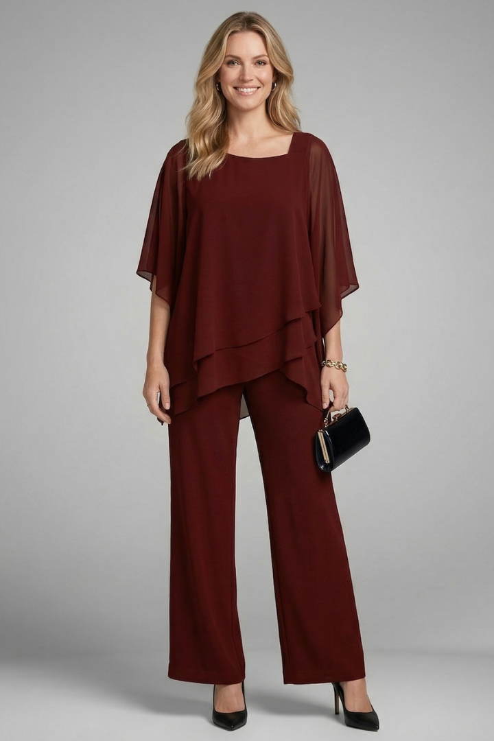 Two-Piece Set with Asymmetrical Top and Wide Leg Trousers
