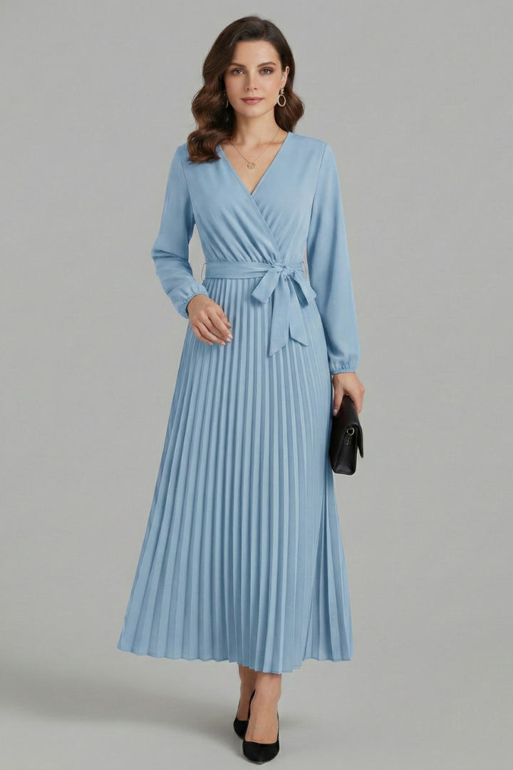 V-Neck Maxi Dress with Pleated Skirt and Tie Waist