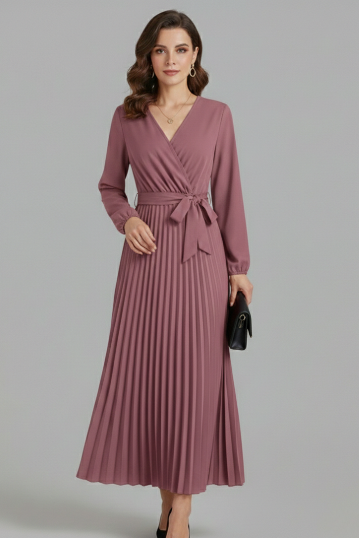 V-Neck Maxi Dress with Pleated Skirt and Tie Waist
