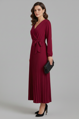 V-Neck Maxi Dress with Pleated Skirt and Tie Waist