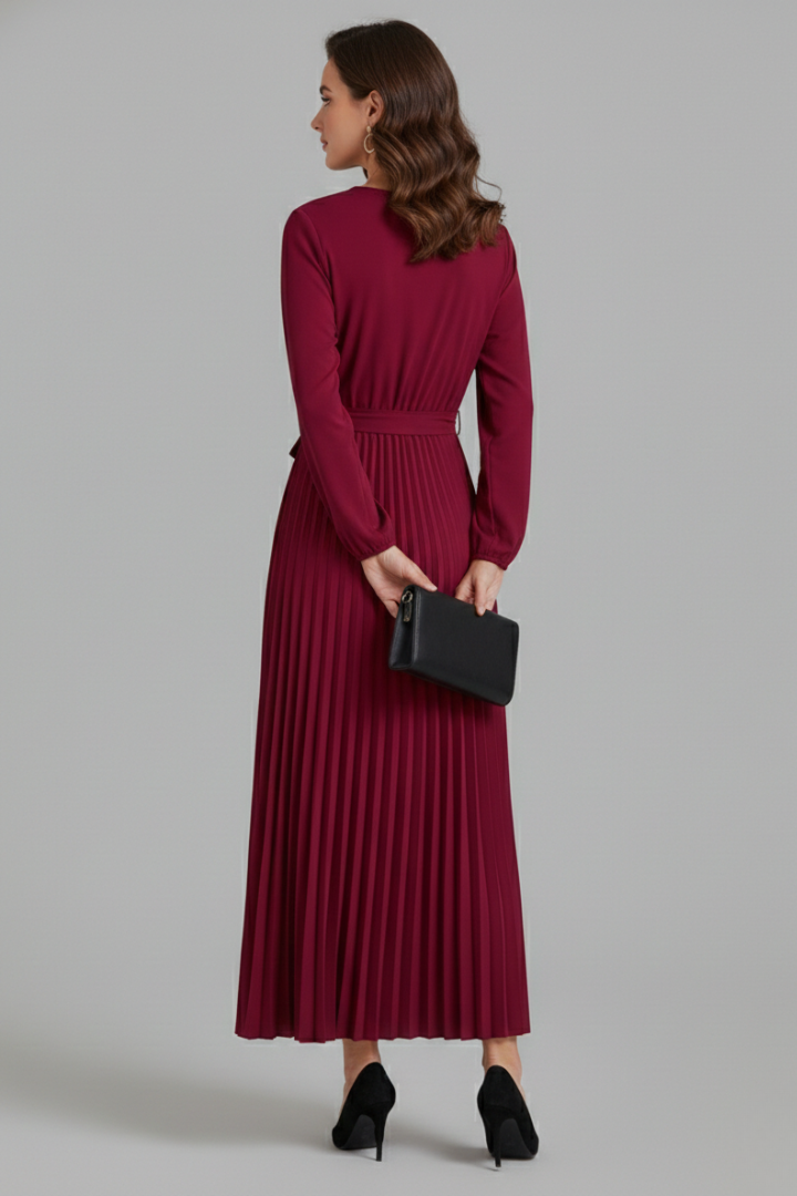 V-Neck Maxi Dress with Pleated Skirt and Tie Waist