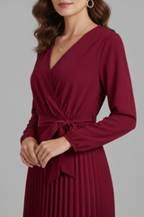 V-Neck Maxi Dress with Pleated Skirt and Tie Waist