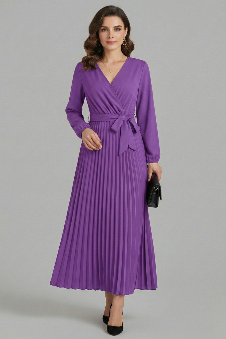 Women’s V-neck Maxi Dress with Pleated Skirt and Tie Waist