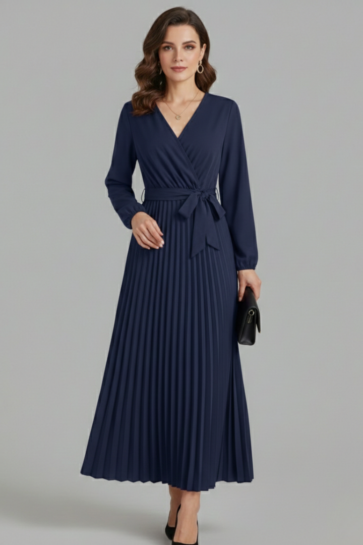 V-Neck Maxi Dress with Pleated Skirt and Tie Waist
