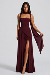 Satin-Feel Maxi Dress with Asymmetric Draping