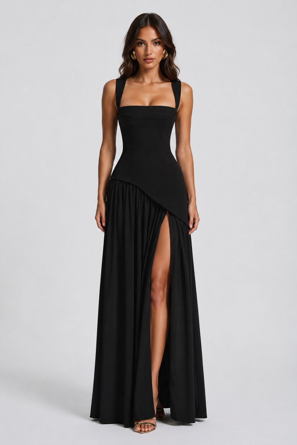 Satin-Feel Maxi Dress with Asymmetric Draping