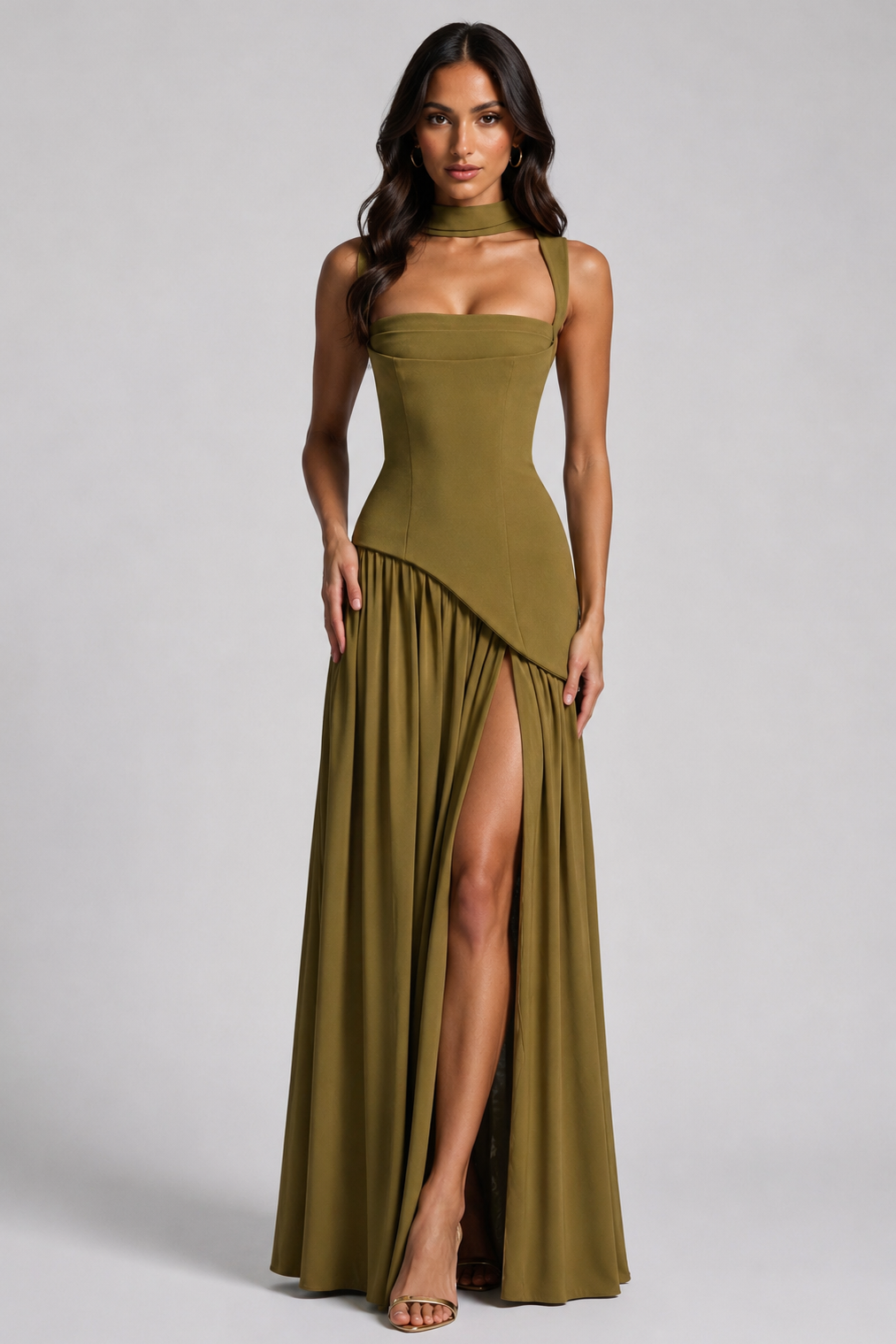 Women’s Draped Satin Feel Maxi Dress – Sculpted Elegant Silhouette