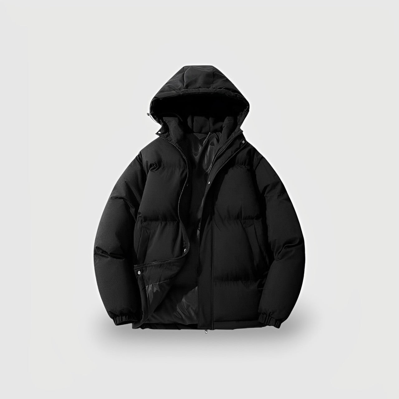 Stylish Black Hooded Puffer Jacket for Women with Zip Front Drawstring Hem Quilted Insulated Winter Style