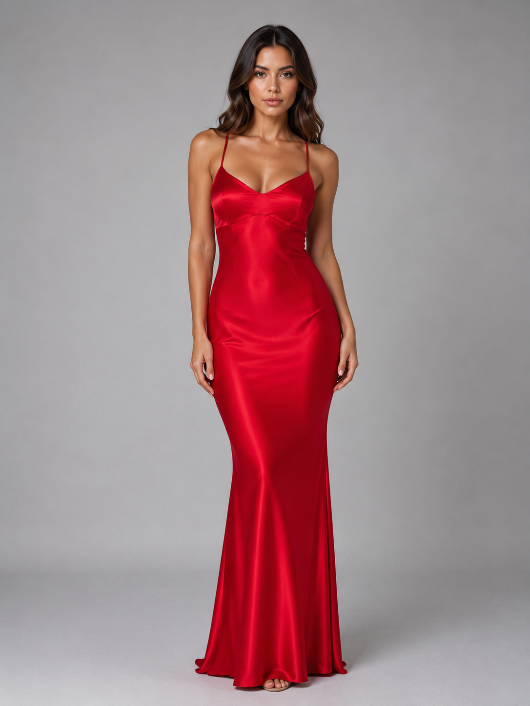 Satin-Feel Evening Maxi Dress with Lace-Up Back